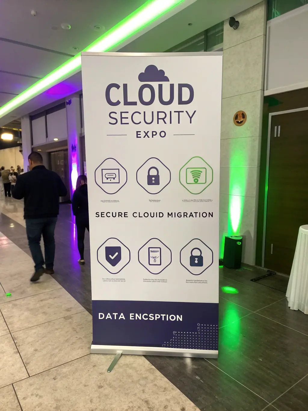 A schedule graphic for the 'Cloud Security Expo', detailing sessions on secure cloud migration, data encryption, and compliance in the cloud.