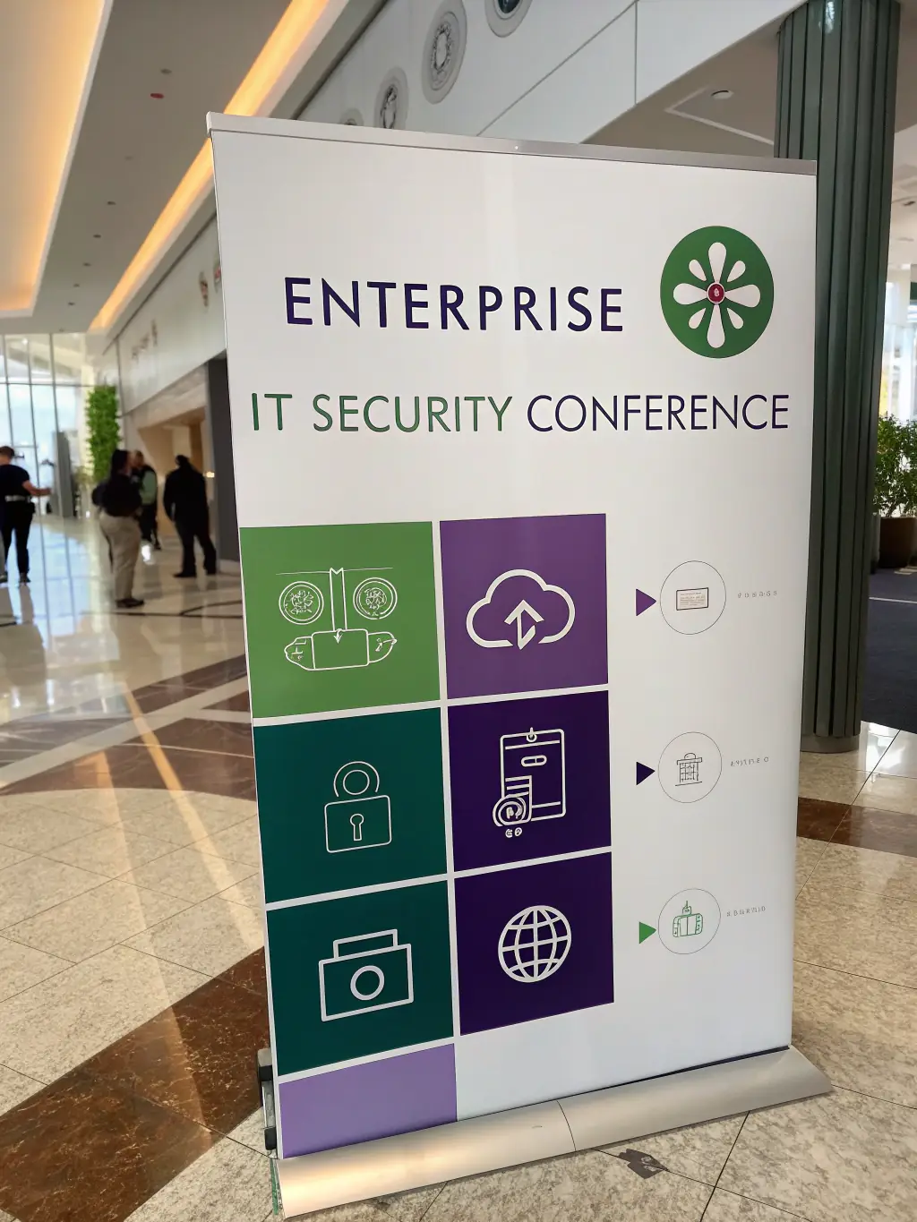 A schedule graphic for the 'Enterprise IT Security Conference', showcasing sessions on cloud security, network protection, and endpoint security.