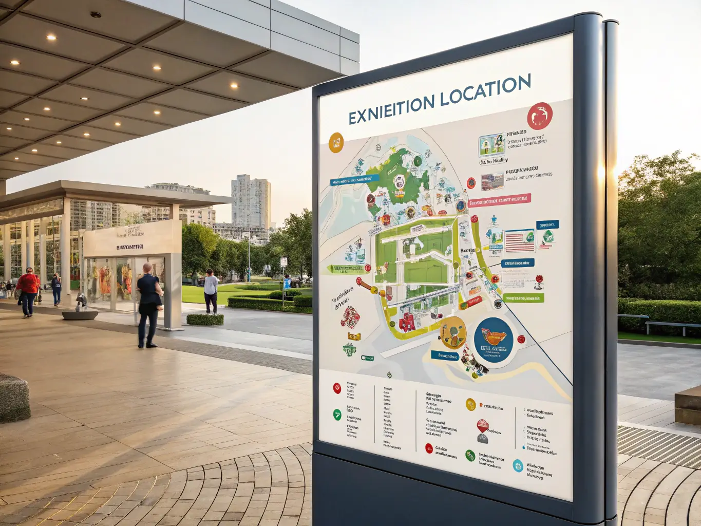 A visual representation of a conference venue map, highlighting session rooms, networking areas, and sponsor booths for a cybersecurity conference.